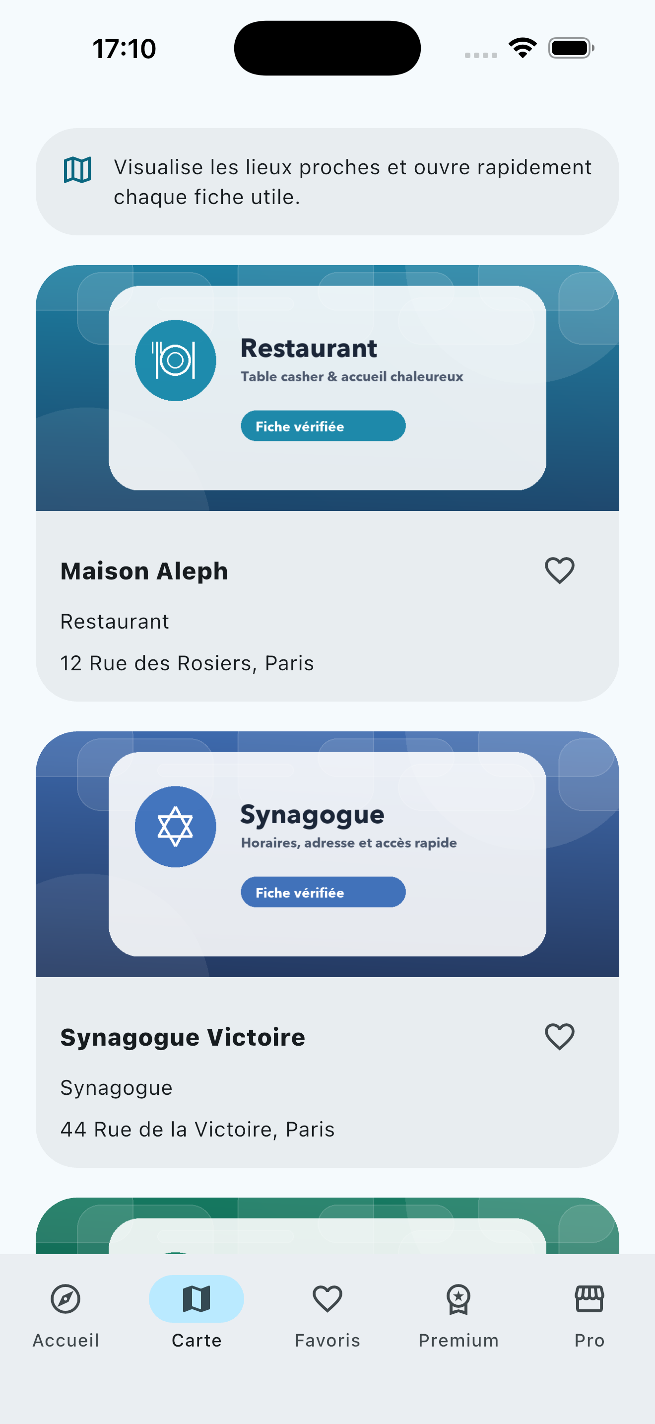 Carte des lieux dans l’application KehillaFinder