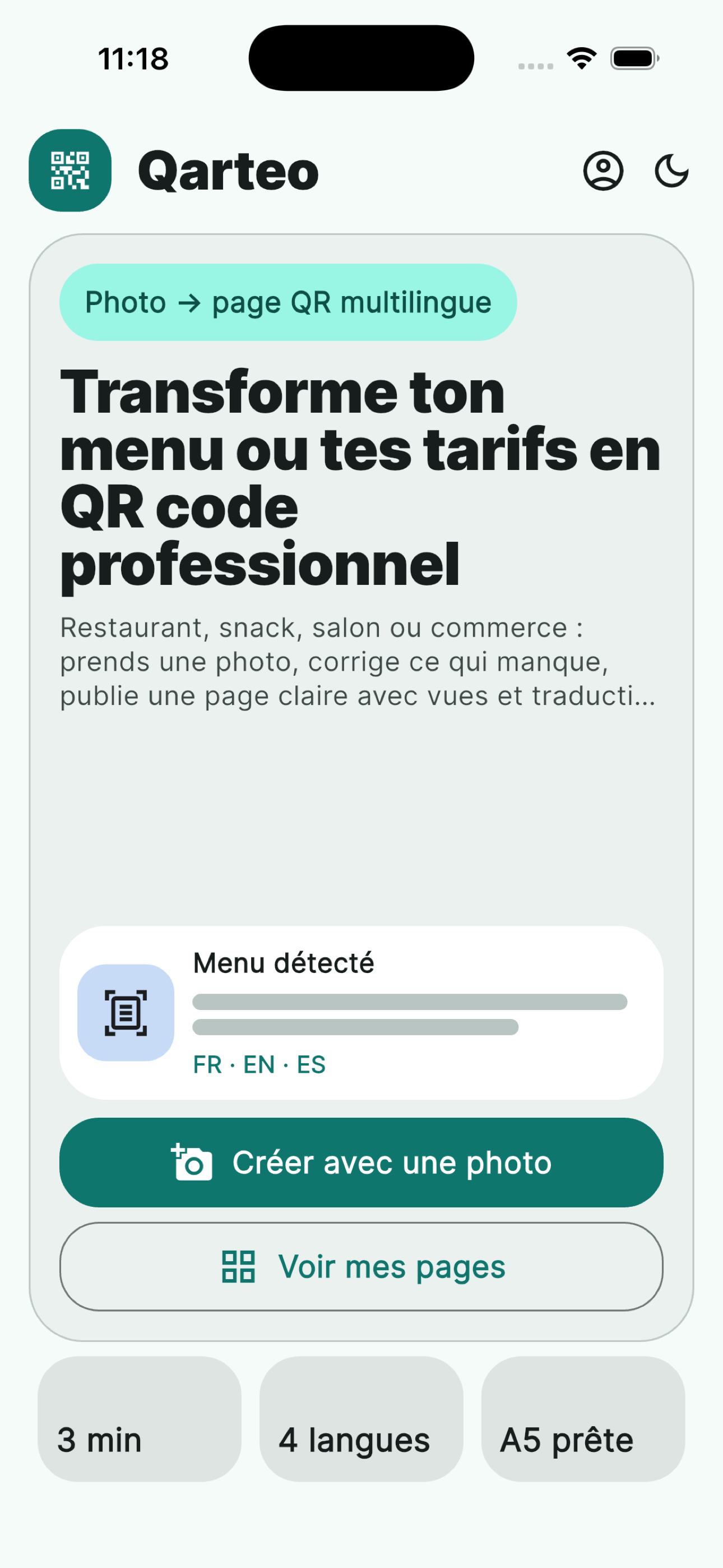 Écran d’accueil de l’application Flutter Qarteo
